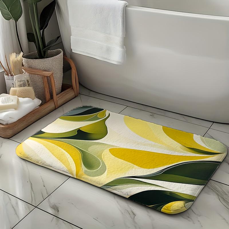 Abstract Artistic Wave Pattern Printed Flannel Bath Mat With Yellow Green And Beige Design Soft Non Slip Rug For Bathroom