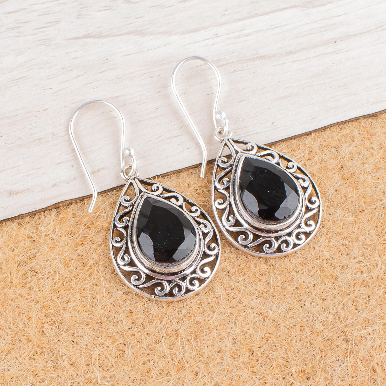 

Black Onyx Gemstone 925 Sterling Silver Jewelry Handmade Earrings 1.72 CE-4-13