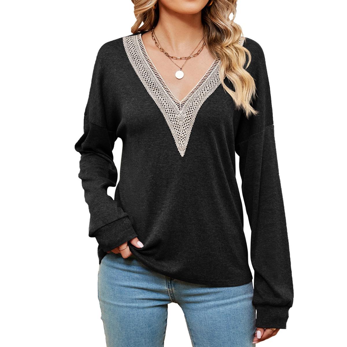 

Solid Color Lace V-neck Color-block Loose Long Sleeve T-shirt Top Fall Winter New Arrival for Europe America Cross-border Trade S чёрный