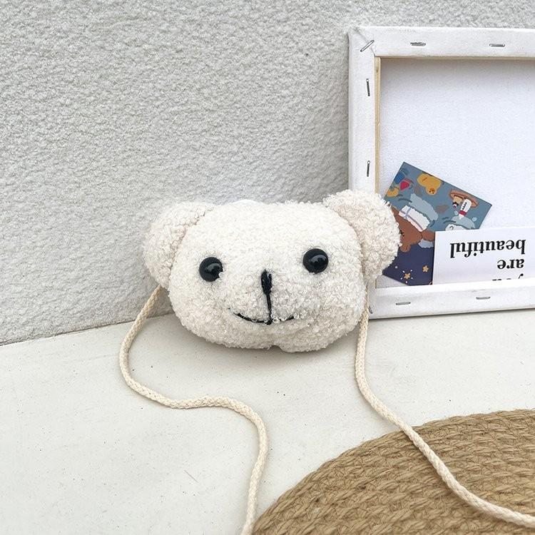 Cute Cartoon Bear Head Mini Crossbody Bag Plush Nylon Shoulder Bag For Students