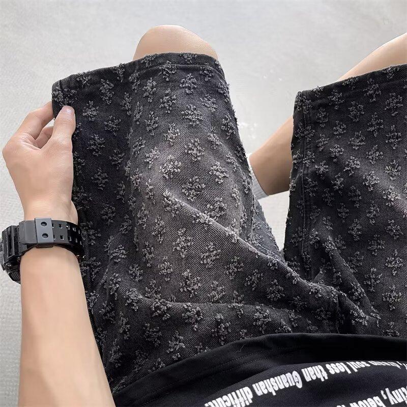 

Jacquard Denim Shorts Men s Summer Thin Style Handsome Street Trousers American High Street Loose Knee-length Five-point Pants 3XL чёрный