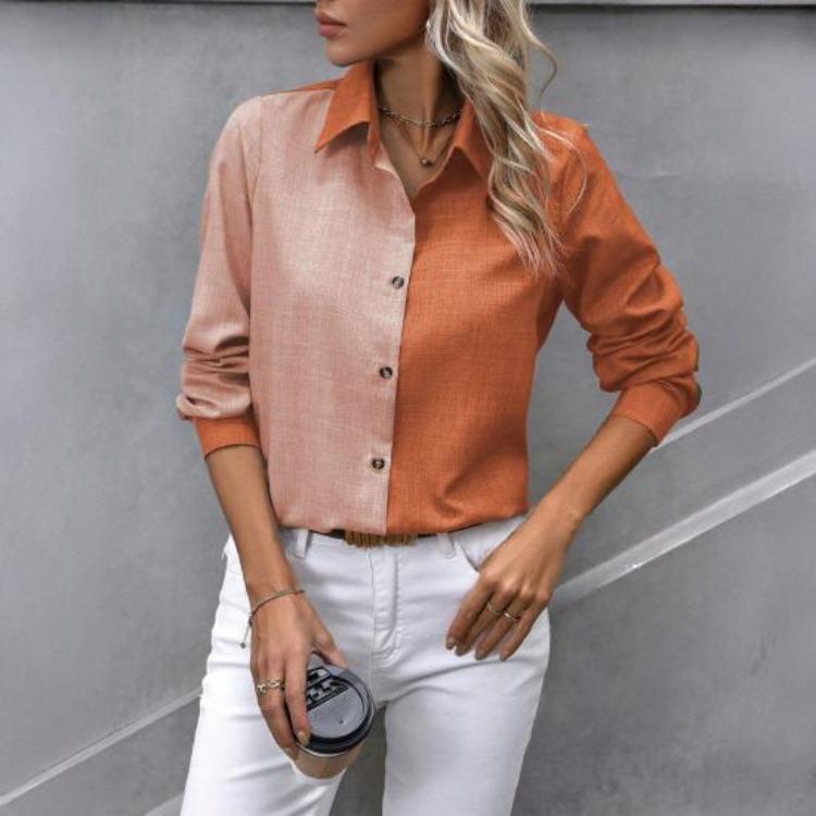 Women Long Sleeve Shirt Lapel Color Blocking Casual Tops Daily Wear Single Breasted Regular Fit
