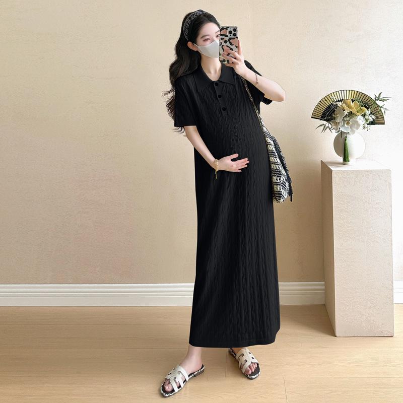 Korean Style Maternity Knit Dress with Embroidery & Pleats for Summer 2026