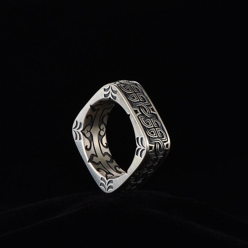 Retro Square Disc Ring for Men, Street Style Ring, High-end Trendy Closed-mouth Handmade Ring and Jewelry