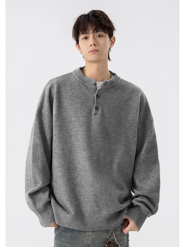 520g Men's Retro Henley Collar Heavyweight Sweater - Old Money Style, Casual Knit Hoodie, Plus Size, Autumn/Winter Wear