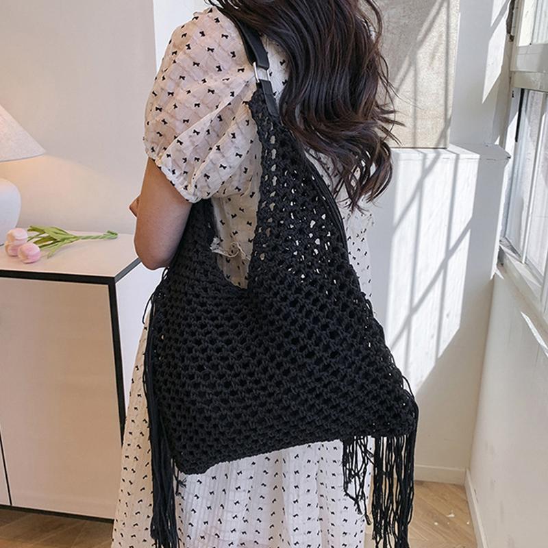 Yogodlns Fashion Long Tassel Shoulder Bag Thread Woven Women's Bag New Hollowed Out Handbag Summer Beach Vacation Bag
