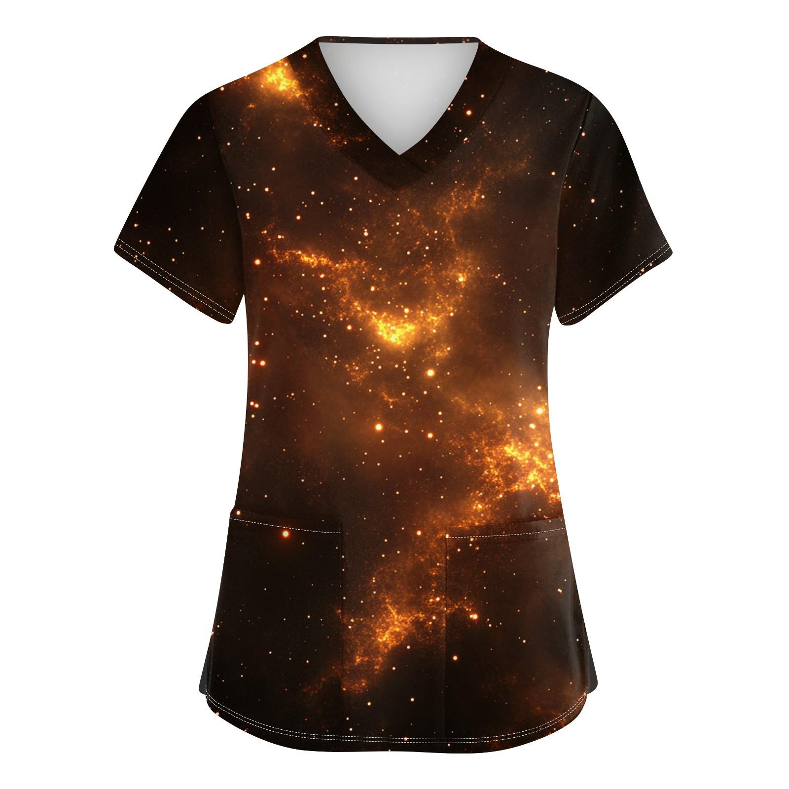 

Жіночий модний робочий одяг з V-подібним вирізом і короткими рукавами з принтованими кишенями L жовтий