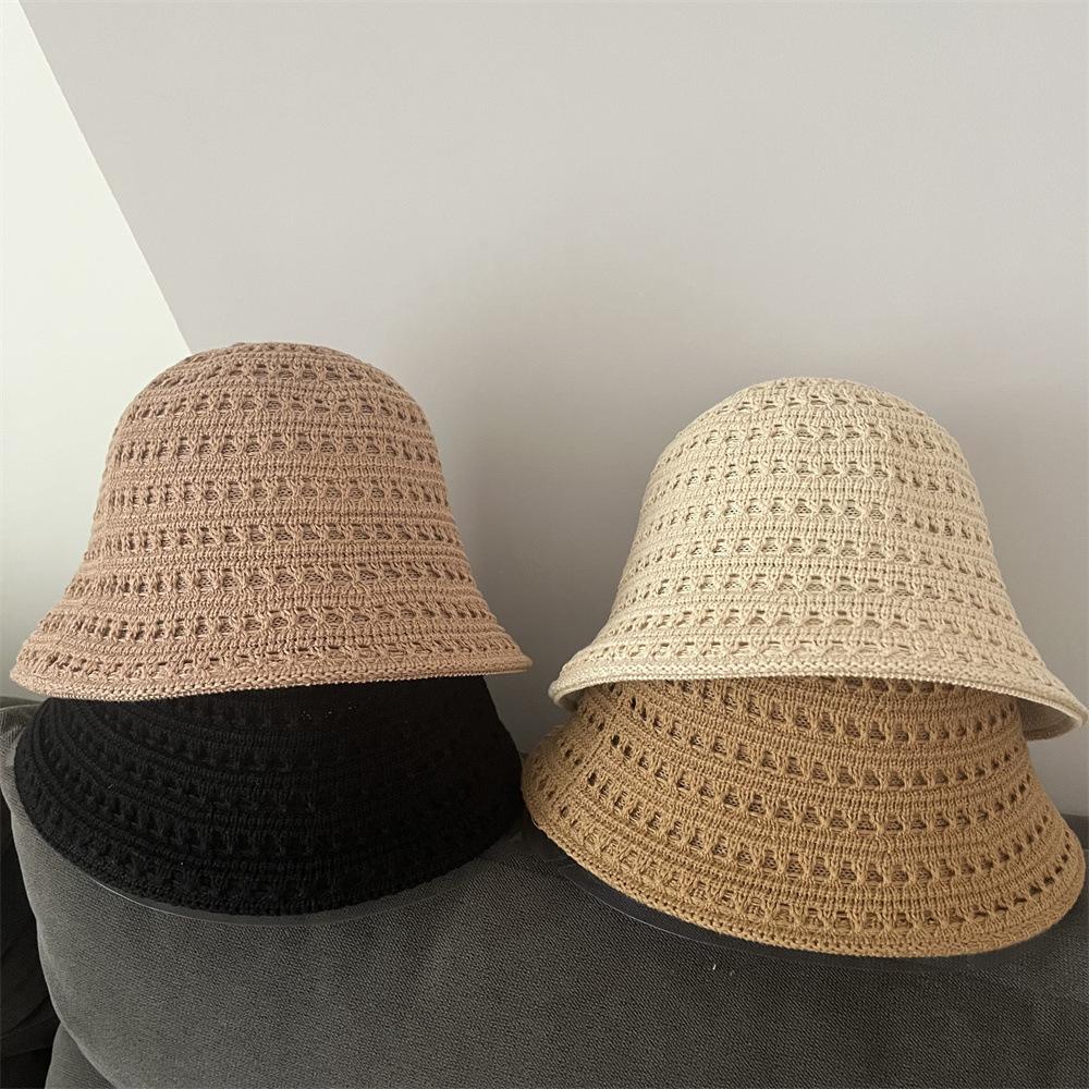 Knitted Bucket Hat Women's Spring and Autumn New Double-sided Can Wear Hollow Bucket Hat Solid Color Plain Face Washbasin Hat