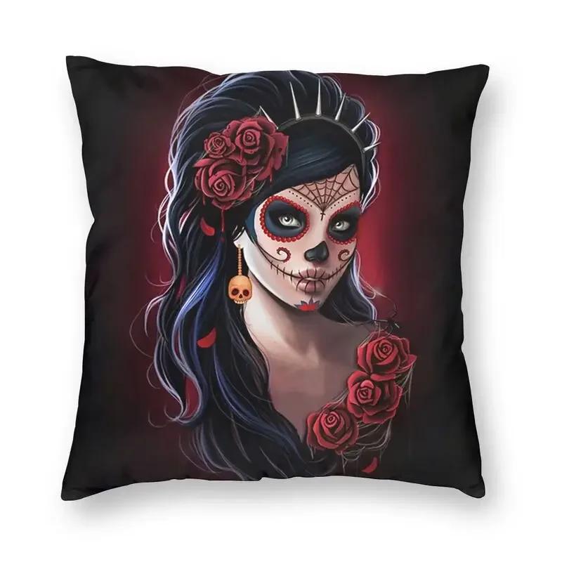 Halloween Zuckerschädel Mädchen Kissenbezug Sofa Heim Dekoration Mexikanisch Chicano Stil Quadratischer Wurfkissenbezug 40x40cm
