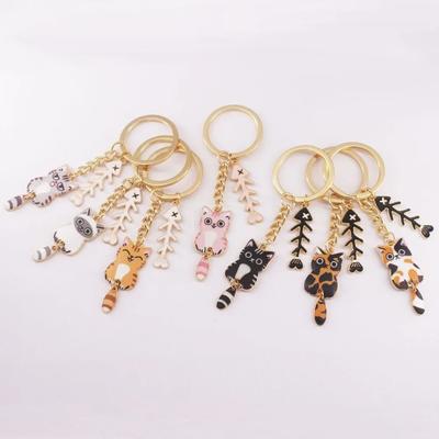 Super Cute Cartoon Cat Key Chains Gold Color Metal Kitten and Fishbone Ornament Woman's Funny Keychains