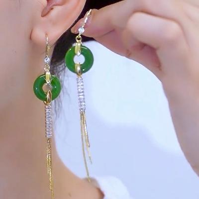 Zircon Chalcedony Fringed Ear Hook New Chinese Retro Guochao Earrings Light Luxury High-end Temperament Earrings