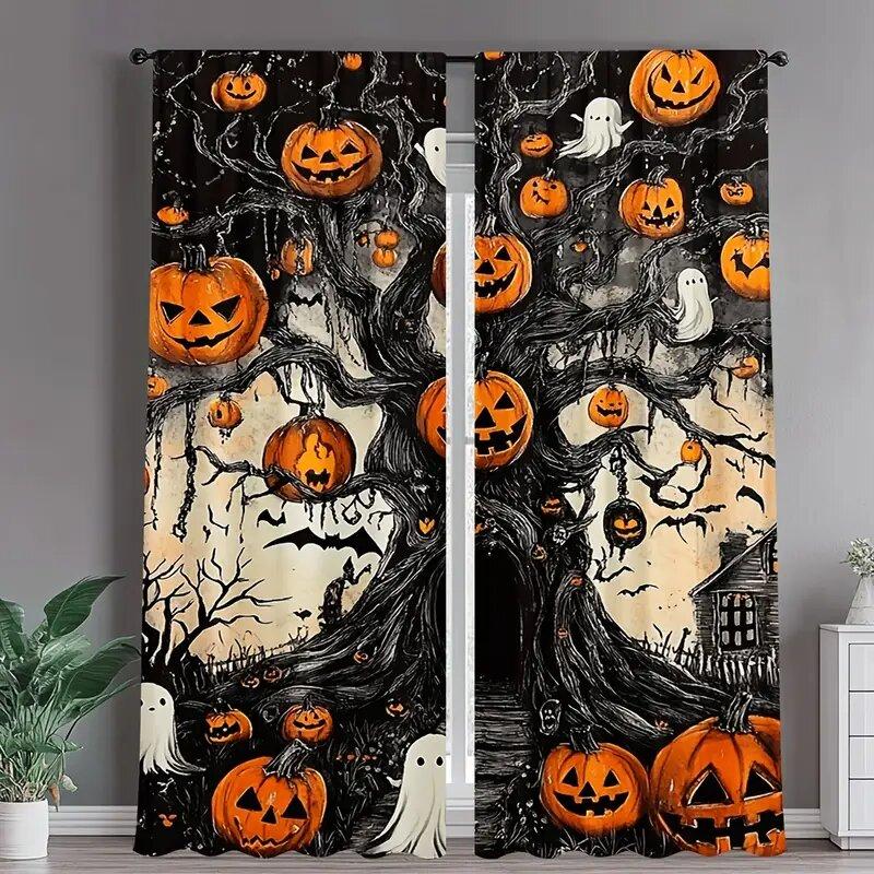2PCS- Halloween Ghost Pumpkin Pattern Printed Curtains   Window Decorations   Home Decorations   Room Decorations