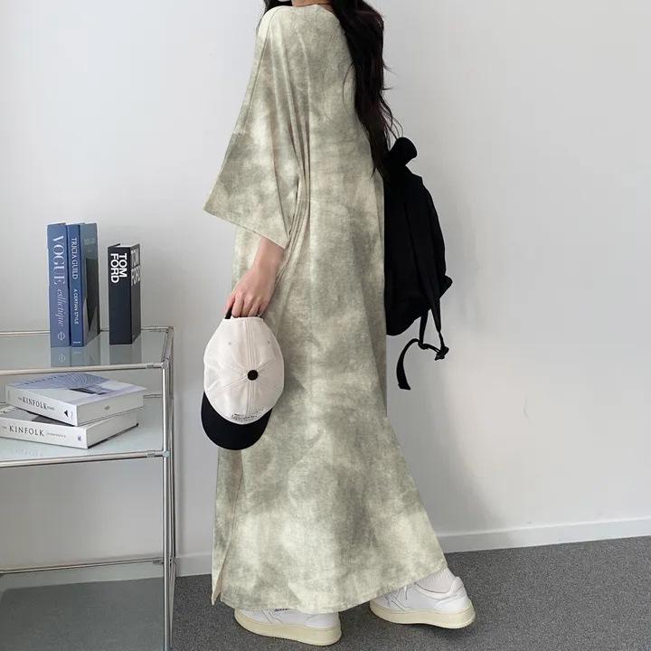 Plus Size Tie-Dye Mid-Length Casual Short-Sleeve Dress - Japanese Korean Style Summer Women's T-Shirt Dress