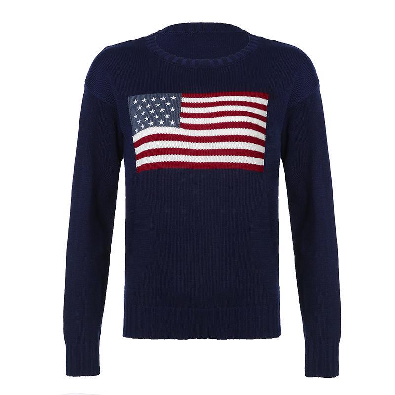 Women's Long Sleeve Retro Flag Knit Sweater - European & American Style