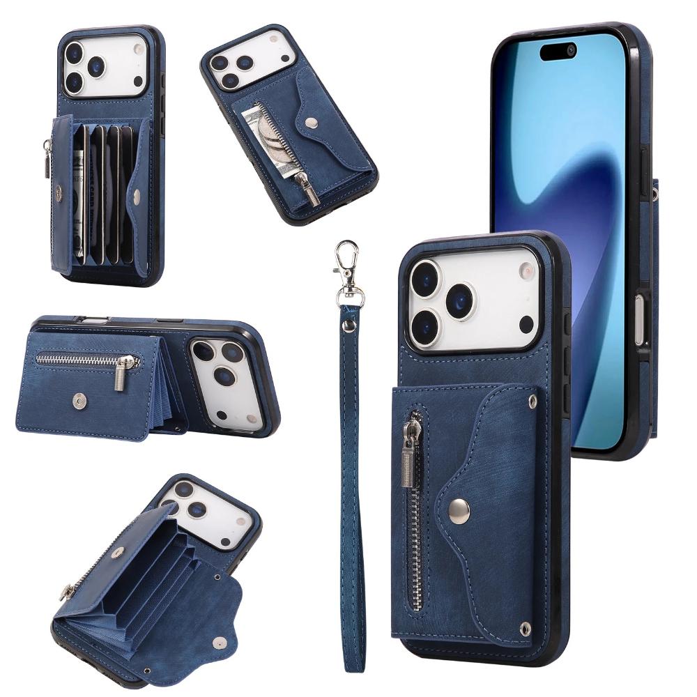 Phone Case for iPhone 17 Pro Max 16E Air 16 Pro 15 Plus 14 13 Mini 12 11 Lanyard Zipper Plain Leather Card Holder Wallet Cover