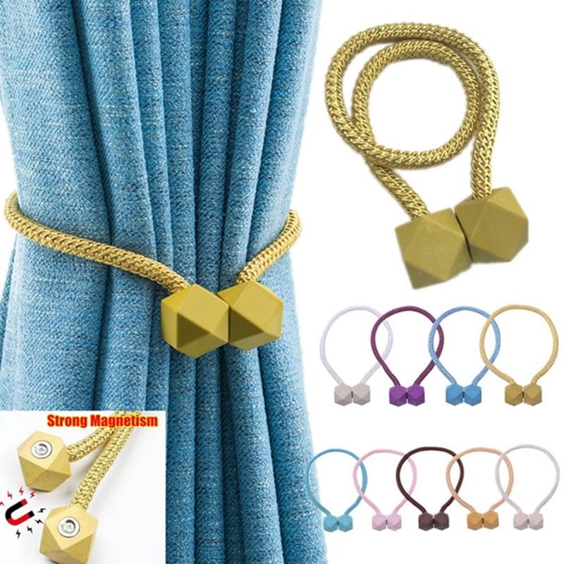 2 FermaTenda Magnetici Con Perline In Legno E Nappa - Stile Boho, Senza Fori (Blu)