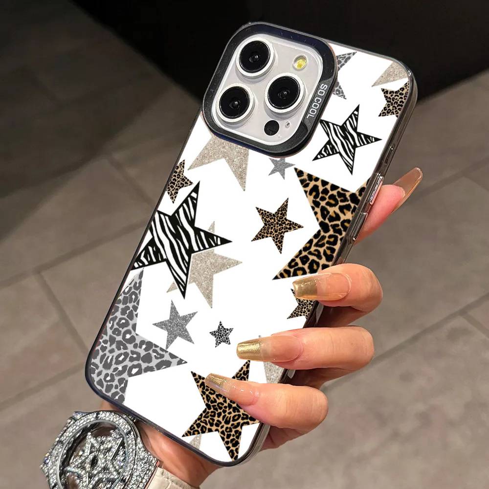 Leopard Print C-Cherry Star Phone Case For iPhone 17,16,15,14,13,12,11 Plus,Pro Max,XS,Colorful Silver Phone case Funda Cover iPhone11PROMAX