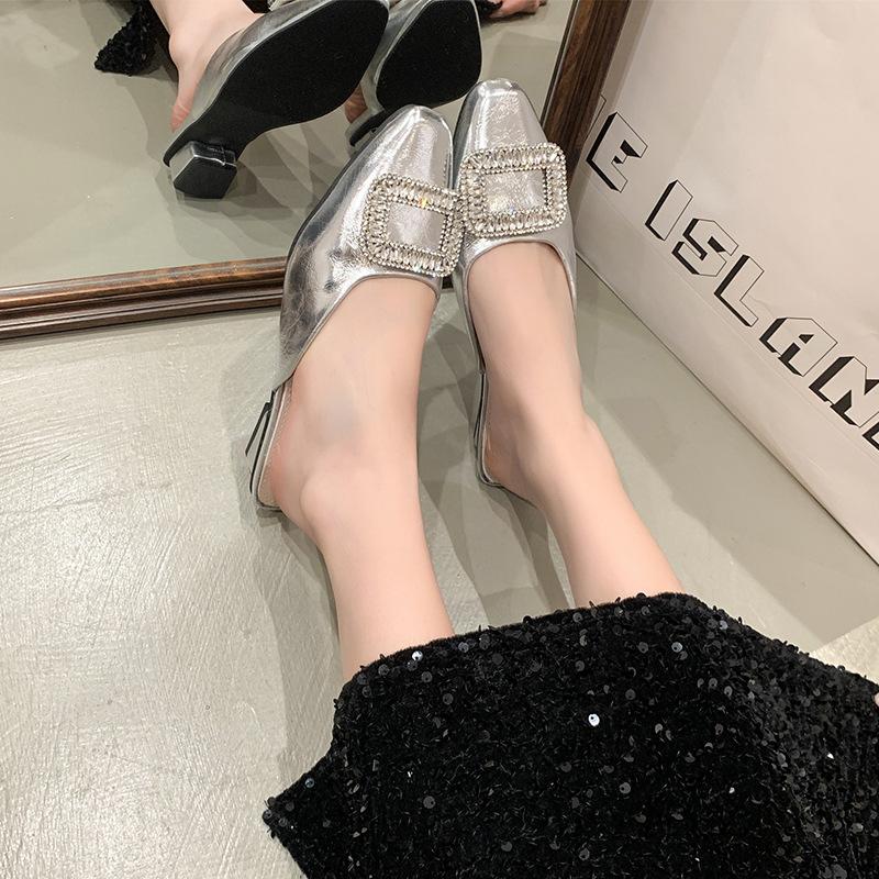 2025 New Simple Pointed Temperament Rhinestone Buckle Single Shoes Women's Outer Wear Bag Head Half Slippers Fashion Casual Muller Shoes