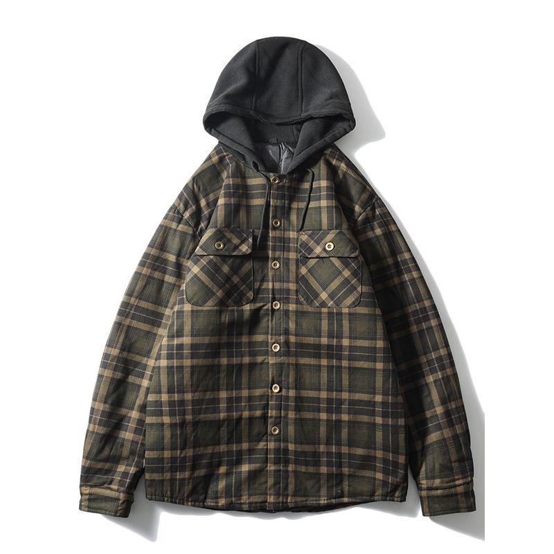 American Vintage Plaid Shirts Cotton-padded Jacket Outerwear Men's Winter Quilted Cargo Jacket Foreign Trade Men's Hood Shirt