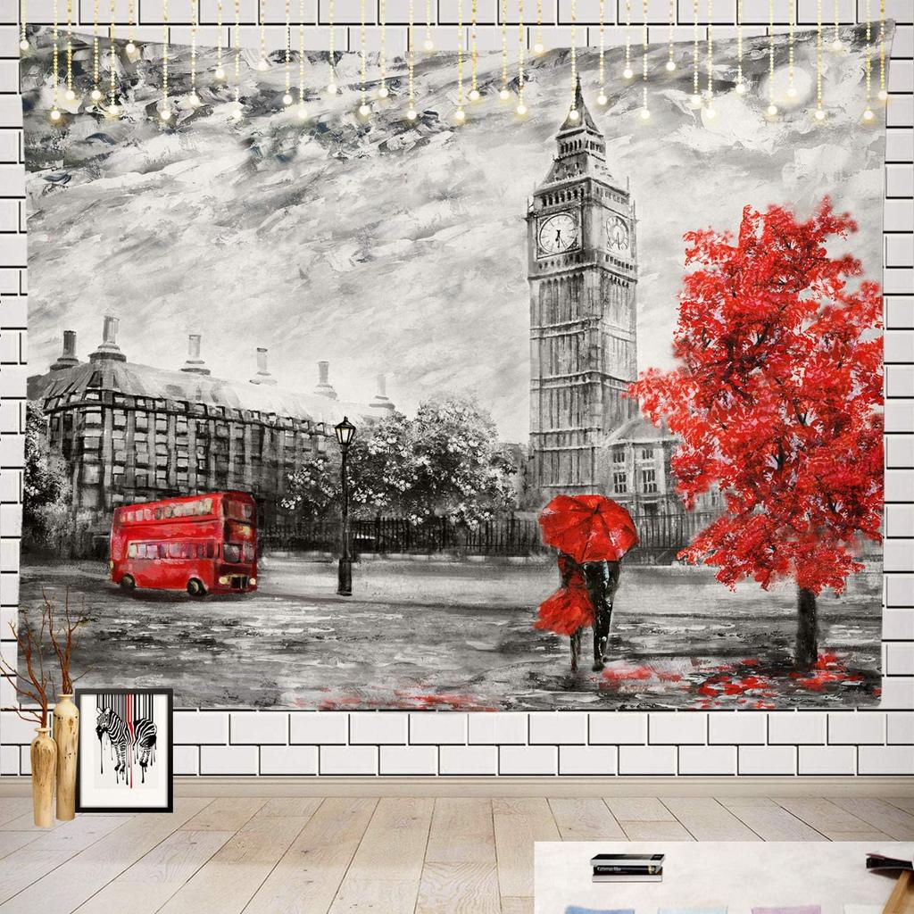Black and White England Landmark Picnic Mat Hippie Trippy Tapestry Wall Art Meditation Decor for Bedroom Living Room Dorm, Red