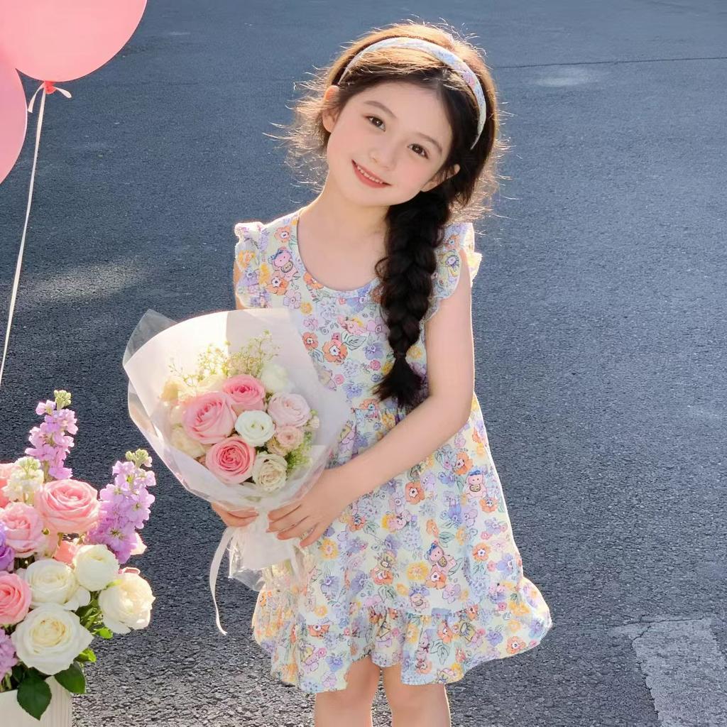 Children's Cotton Silk Skirt Summer Thin Girls Floral Flying Sleeve Dress Lady Treasure Princess Western Style
