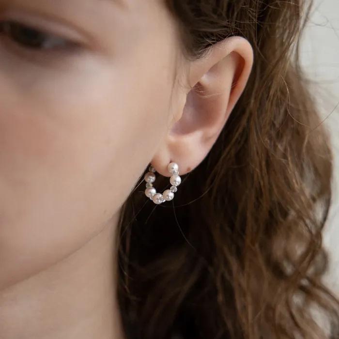 White pearl and crystal mini hoop earring