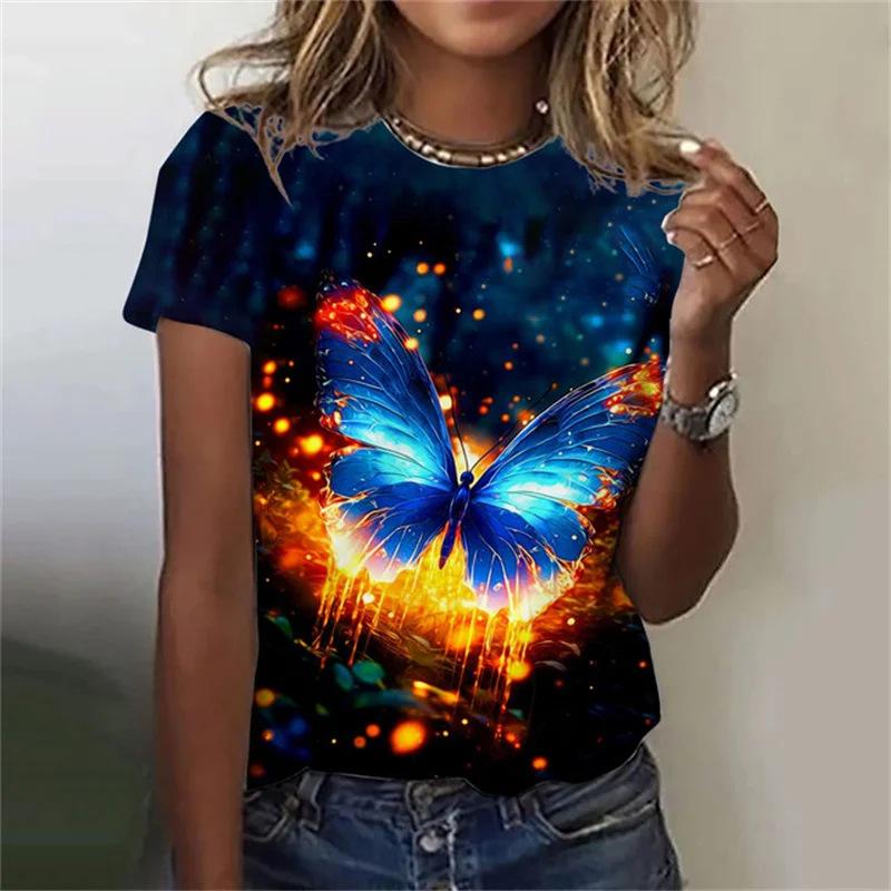 Summer Round Neck Butterfly Pattern 3D Print Top Fashionable Casual Short Sleeved Women's T-shirts