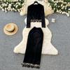 Spring Autumn Women Vintage Black Velvet Sequined Tassel Two Piece Set Long Sleeve Pullover Tops and Long Midi Slim Bodycon Pencil Skirt Suit