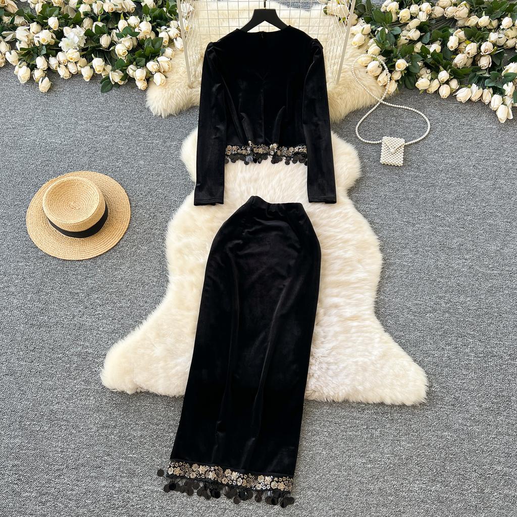Primăvară Toamnă Femei Vintage Negru Catifea Paiete Cic Set Două Piese Pulover Topuri și Long Midi Slim Bodycon Fusta Creion