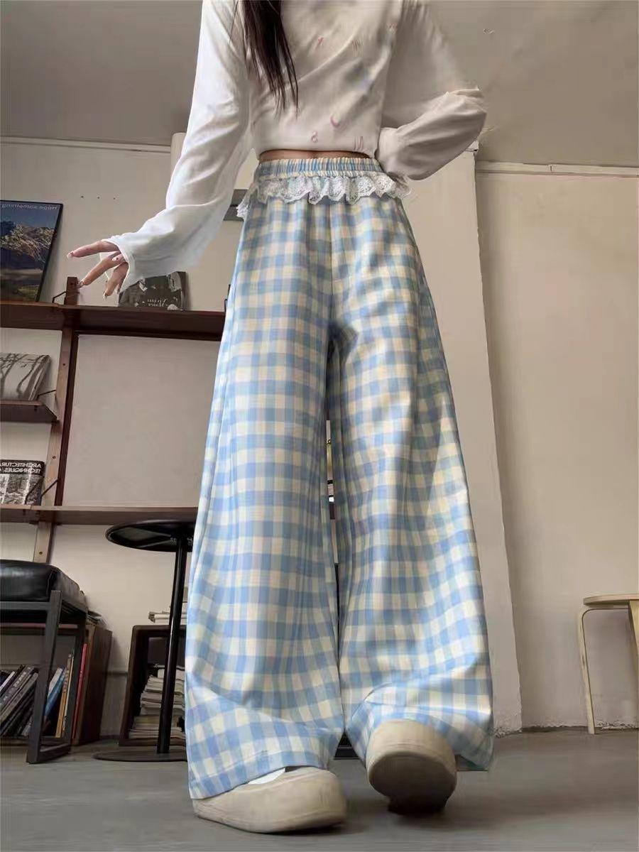 

Женские брюки с высокой талией, кружевной отделкой, клетчатой лоскутной вставкой и широкими штанинами, весна/осень 2025. Large