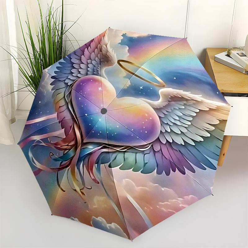 

1pc Angel Heart Wings Halo Automatic Opening Folding Umbrella - Portable 3-Fold Design with Iron Frame, Perfect for Outdoor Use, Festive Gifts, T