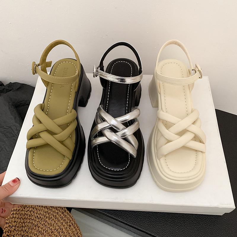 Sandali verdi intrecciati con rialzo donna moda di nicchia scarpe da donna argento nuovo open-toe platform versatili Roma