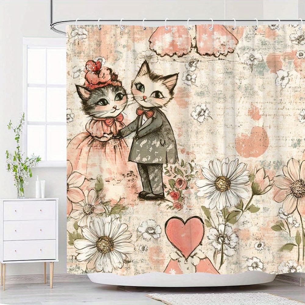 

1 шт. Винтажная Цветочная Шторка для Душа с Кошками - Романтичные Антропоморфные Кошки, Розовый Полиэстер, Очаровательный Декор для Любителя Кошек W90XH180cm