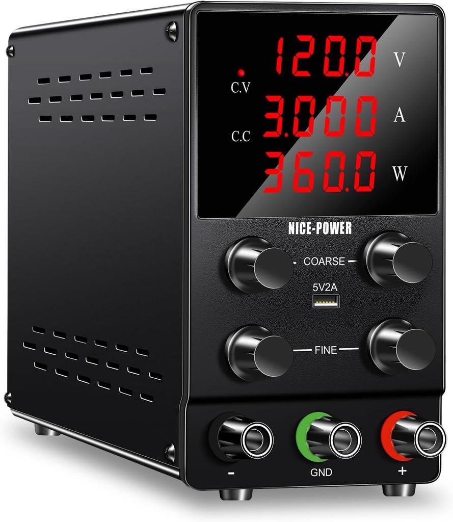 30V 10A Adjustable DC Power Supply, 4-Digit LED, 5V/2A USB, Test Leads, Bench Lab PSU