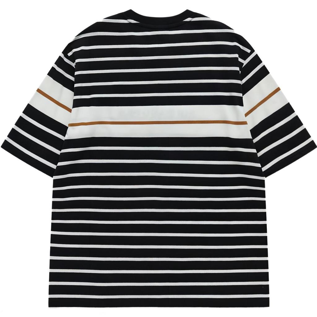 Fila Fusion Fashion Logo Print Loose Striped Knit Breathable Round Neck Pullover Short Sleeve T-Shirt Men Tops Deep-Black T11M323125F-BK