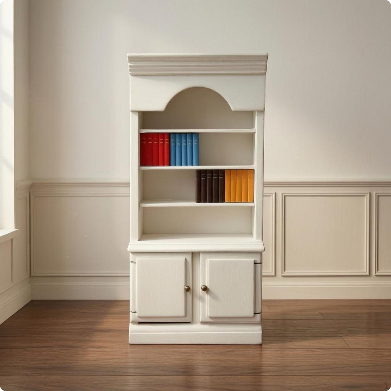 Standing Dollhouse Bookcase 1:12 Scale ArchedTop Cabinet White Painted Finish Mini Book