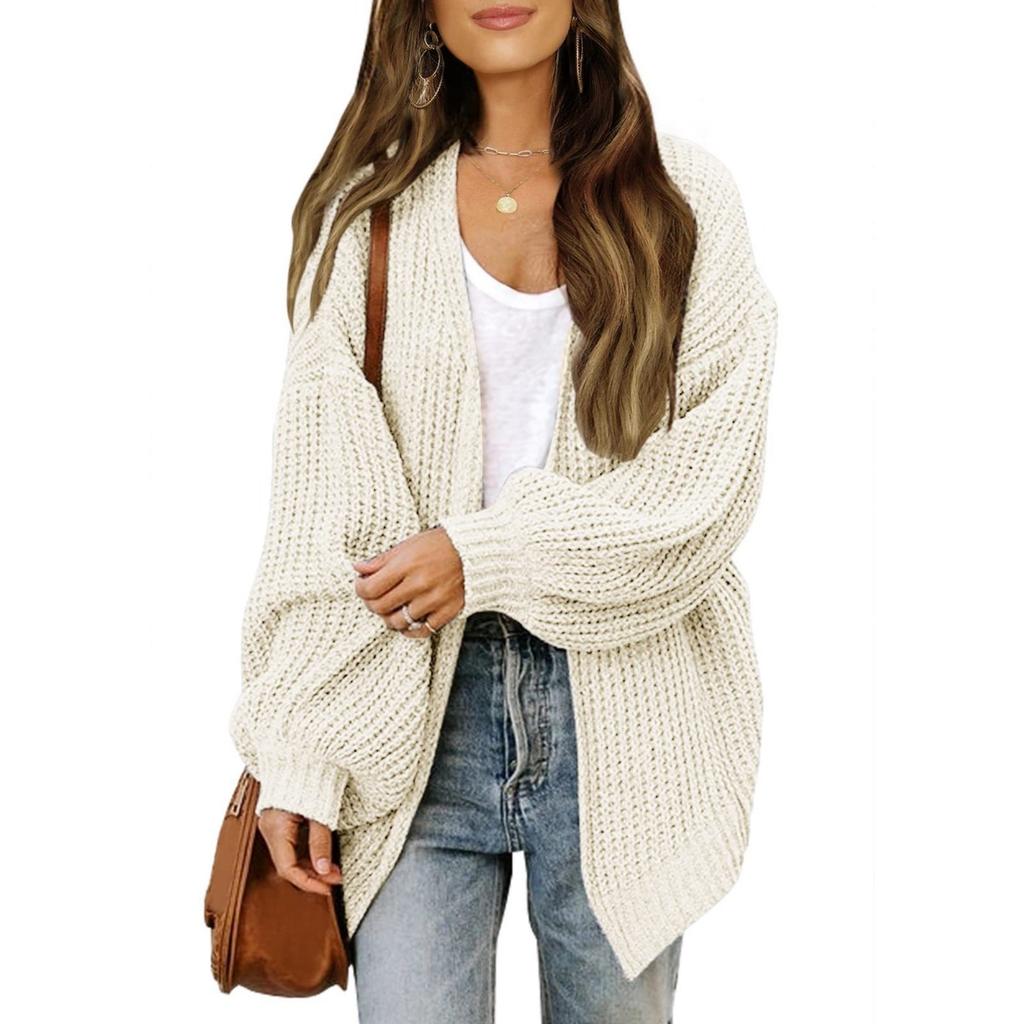 Fall Winter Women's Lantern Sleeve Thick Yarn Knit Cardigan Sweater Coat With Pockets, Outerwear For Women
