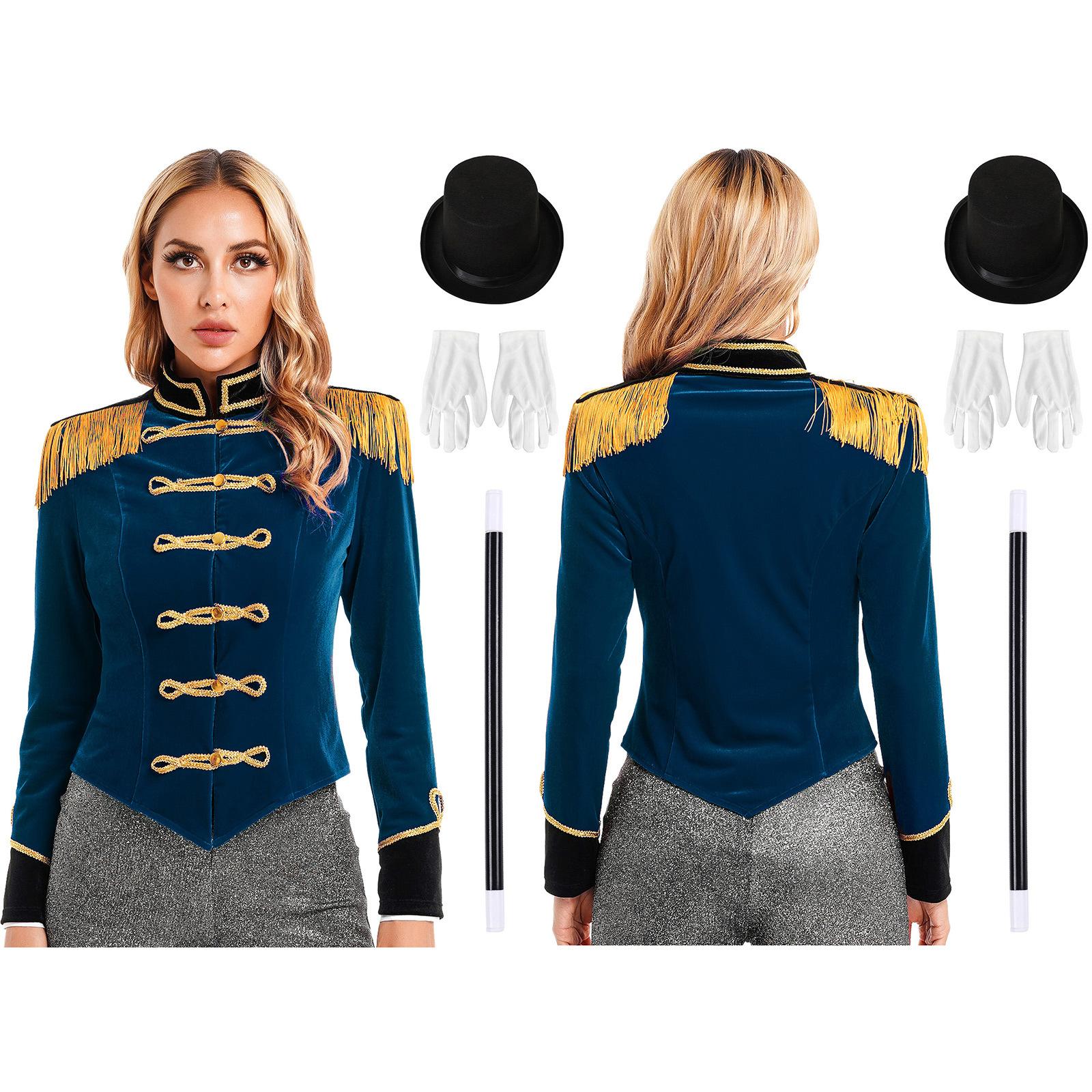 

Women‘s Halloween Carnival Costume S-3XL: Golden Trim Fringe Shoulder Jacket with Front Buttons, Complete with Hat & Gloves Set S темно-синього кольору