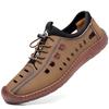 2025 summer cool leather shoes men's hollow sandals hand-stitched soft sole soft surface breathable casual hole shoes