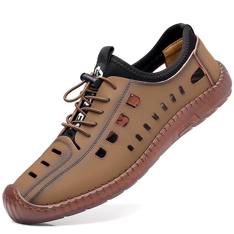 2025 summer cool leather shoes men's hollow sandals hand-stitched soft sole soft surface breathable casual hole shoes