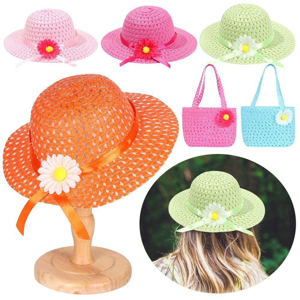 2Pcs/Set Flower Design Straw Hat Beach Bag Set Wide Brim Sun-protective Hat  Kids Summer Holiday
