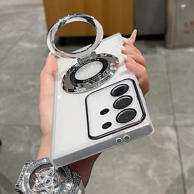 Luxury Clear Plating Magnetic Bracket Phone Case For Samsung Galaxy S24 S23 S22 Ultra Plus Shockproof Soft TPU Cover