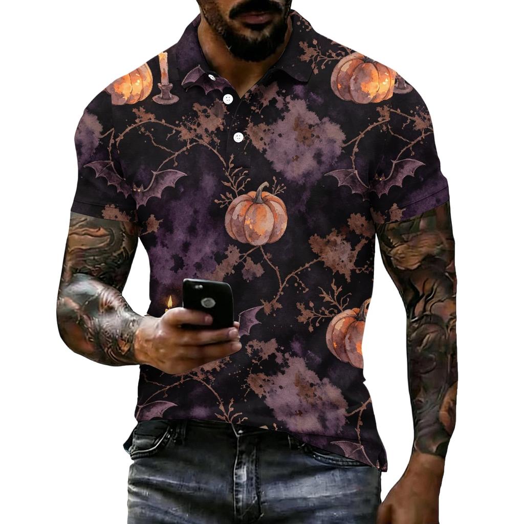 Men's Halloween Printed Short Sleeve Polo Shirt Loose Casual Summer Daily Wear Button Down Collar Top