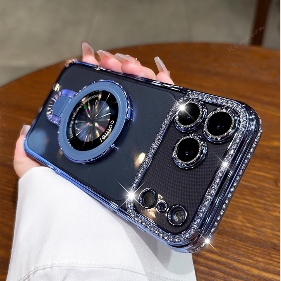 Magnetic Diamond Stand Case For iPhone 17 Air 16E 15 14 Plus 13 11 12 16 17 Pro Max Magsafe Bling Bling Glitter Protector Cover