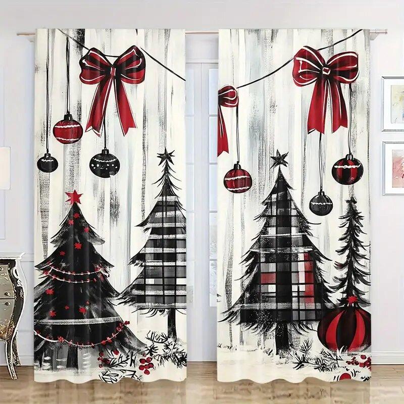 Set Of 2 Christmas Tree Holly Geometric Print Curtains Pole Bag Home Decoration Room Curtain Polyester