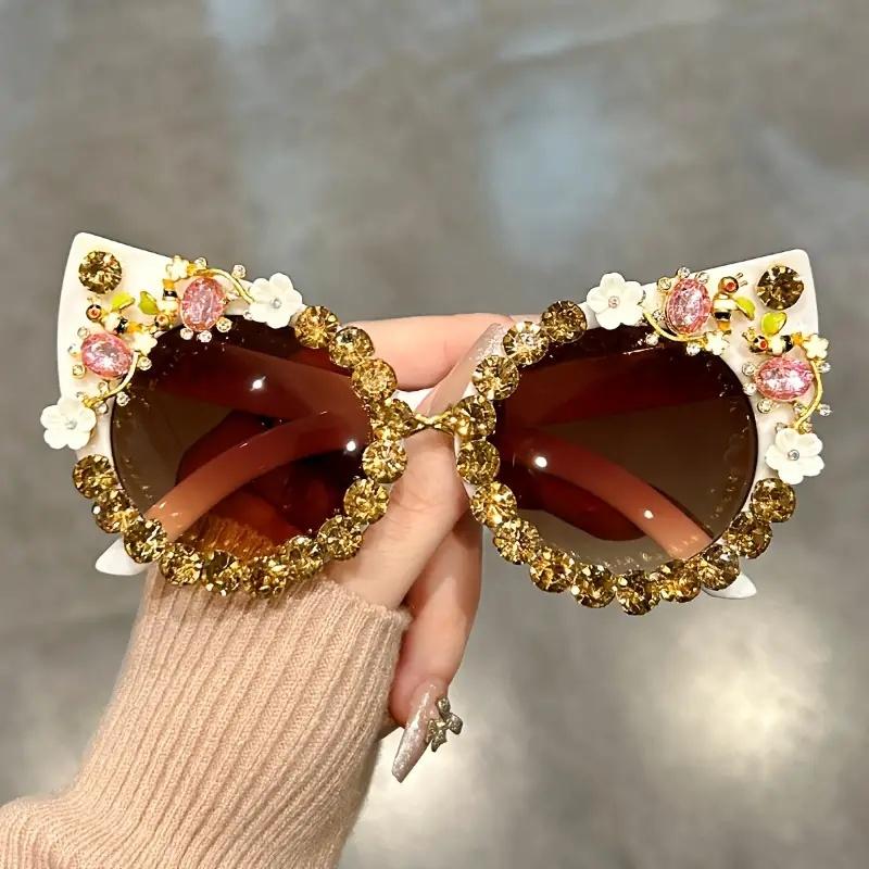 Luxury Rhinestone Flower Sunglasses Cat Eye Gradient Decorative Shades Props For Costume Party Prom