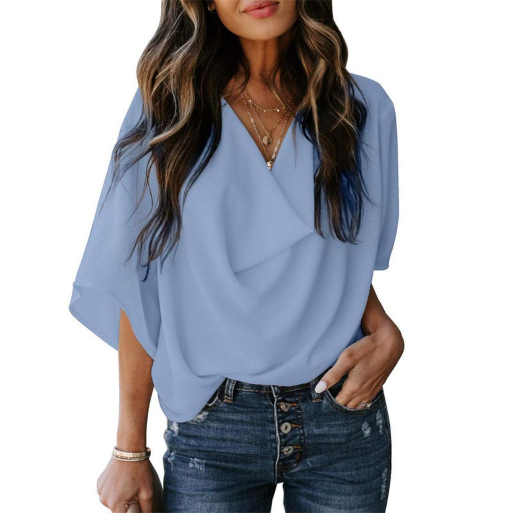 New Women's Casual Loose V-neck Chiffon Blouse Shirt T-shirt Top for Women European American Style