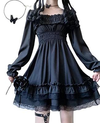 SUNNYSTEP Gothic Cosplay Lolita Dress, Sizes S-6XL, Black, Long Sleeves, Lolita, with Butterfly Choker, Ruffles, Lace, Simple, Plus Size, Knee-Length