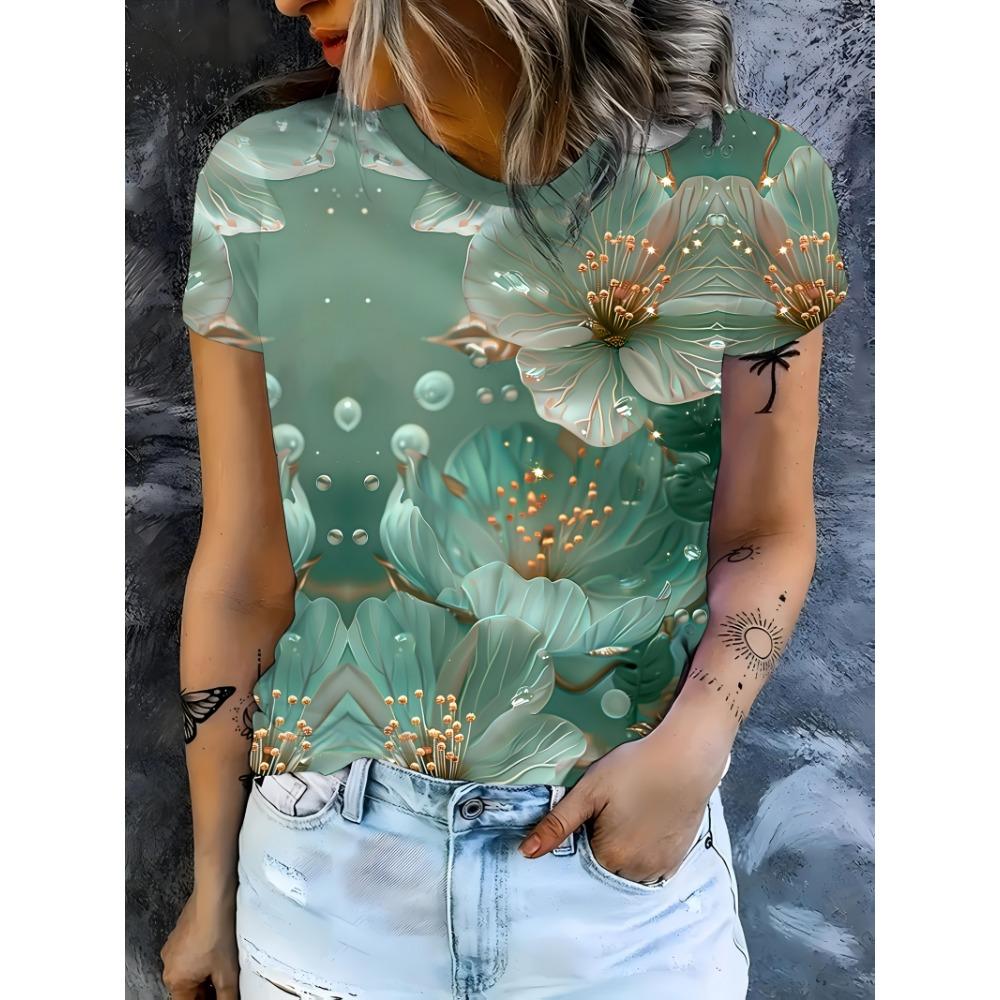 T-Shirt Damen Sommer Casual Rundhals Kurzarm Blumenmuster Oberteil Locker Lässige Kleidung Damen T-Shirt Muttertagsgeschenk