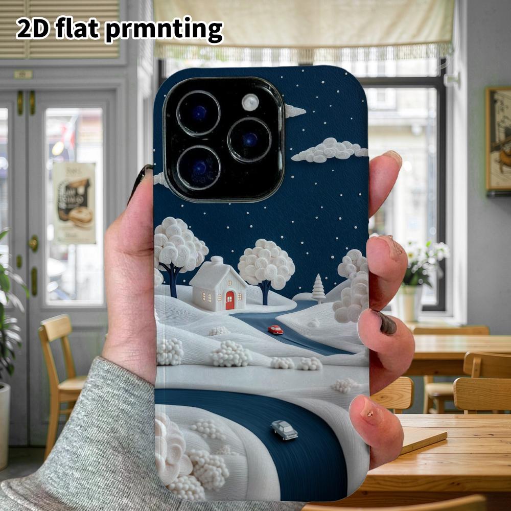 Phone Case: 2D Flat Design Suitable for iPhone 18, 17, 16, 15, 14, 13 Pro Film Protective Case, Couple Style, Winter Night Village, Christmas and Hall
